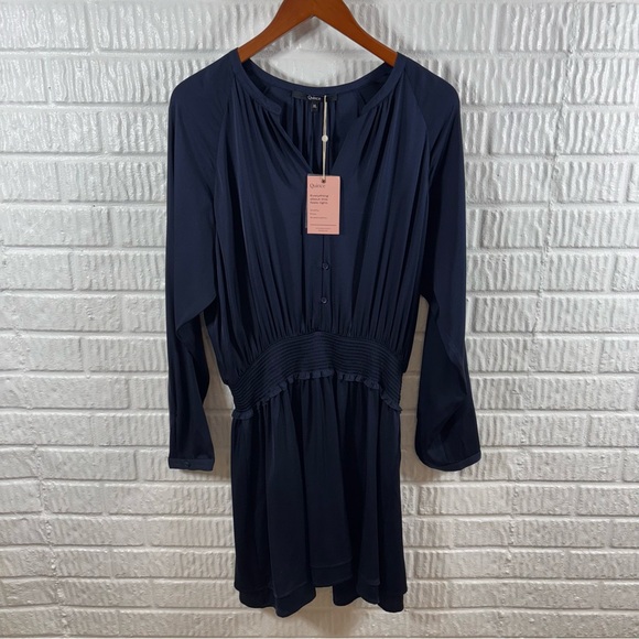 Quince Washable Stretch Silk Tiered Mini Dress Navy Blue sz XL Long Sleeve NWT - Picture 2 of 5